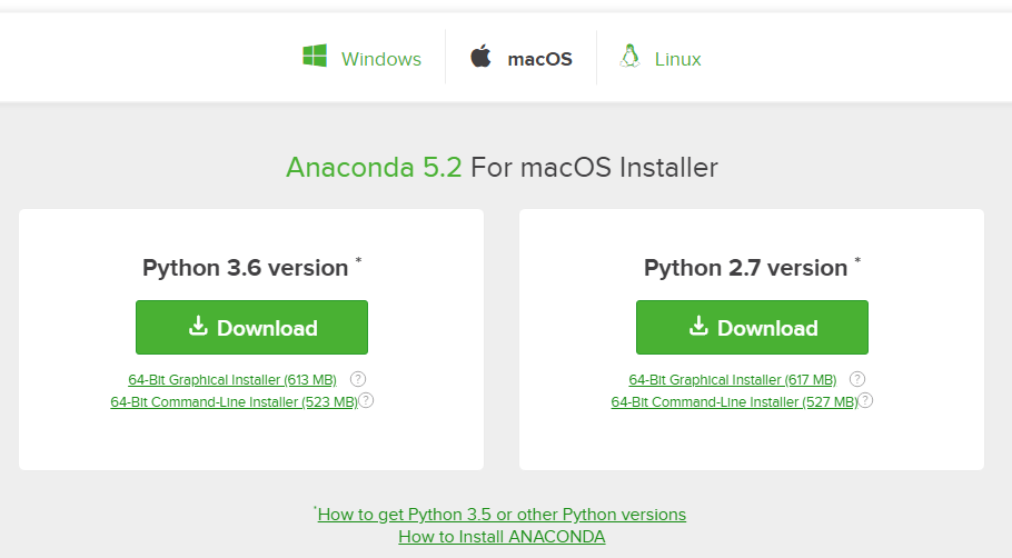 Anaconda distribution of Python downloads page. Notice the macOS operating system is selection. Download Python 3.6 verion or higher