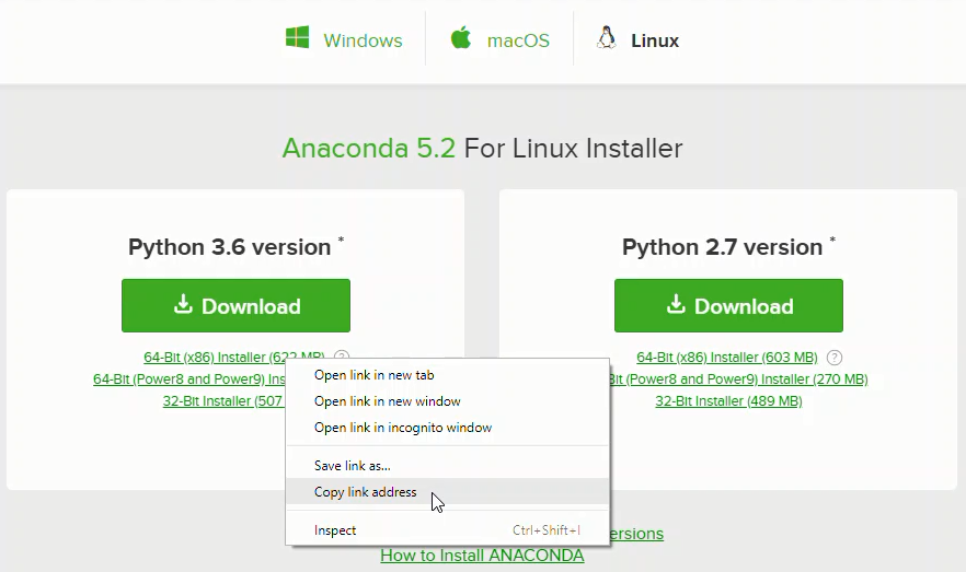 Anaconda installation on Linux, Copy the download link address.