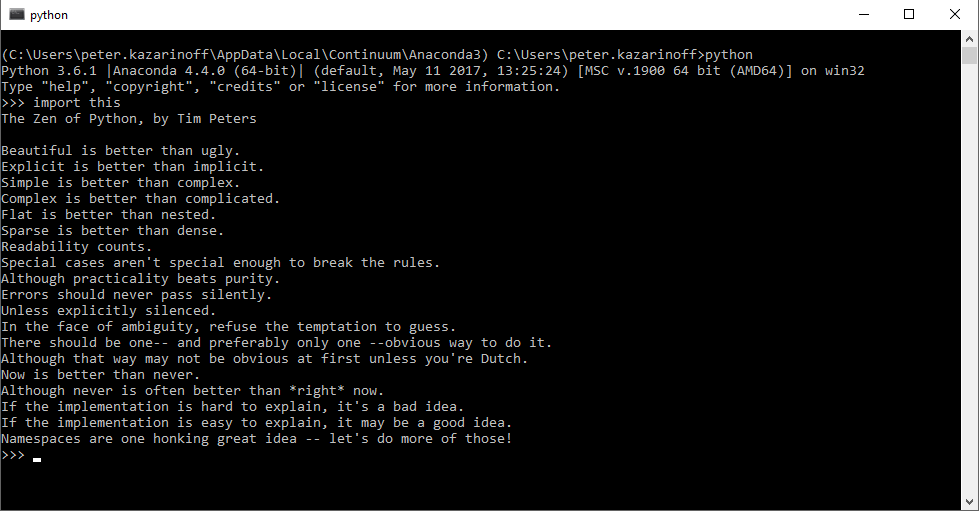 Anaconda Prompt: Results of entering import this is The Zen of Python, by Tim Peters