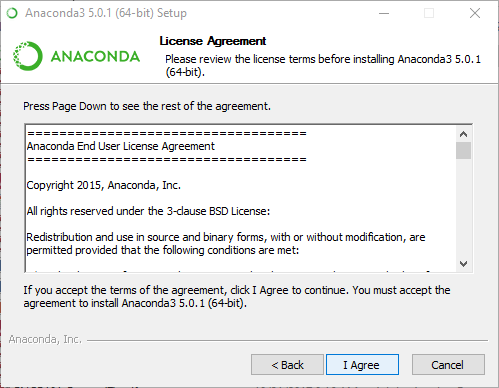Anaconda End User License Agreement. Click I Agree to proceed