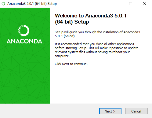 Welcome to Anaconda3 installation screen. Click next to proceed with the installation.
