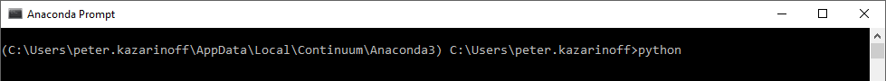 The Anaconda Prompt: What you see when you open the Anaconda Prompt. Note the word "python" was typed at the > prompt