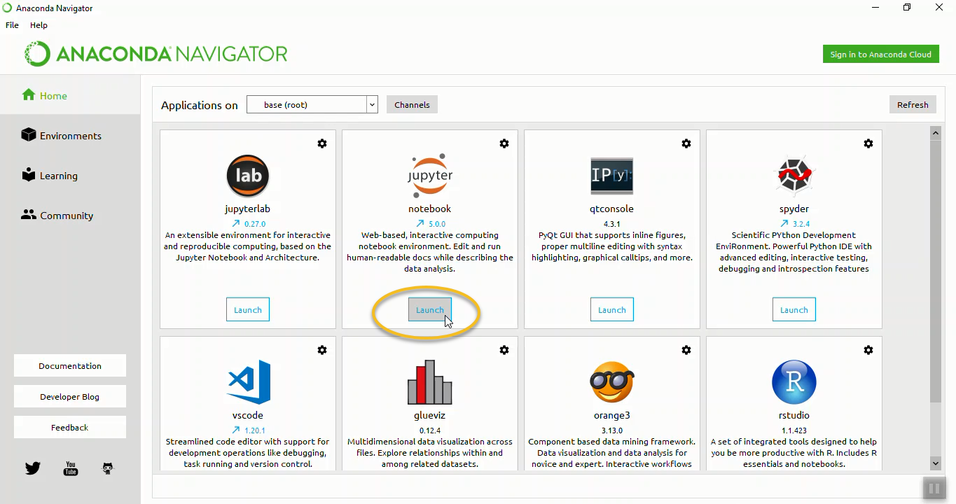 Anaconda Navigator- showing how to launch a new Jupyter notebook