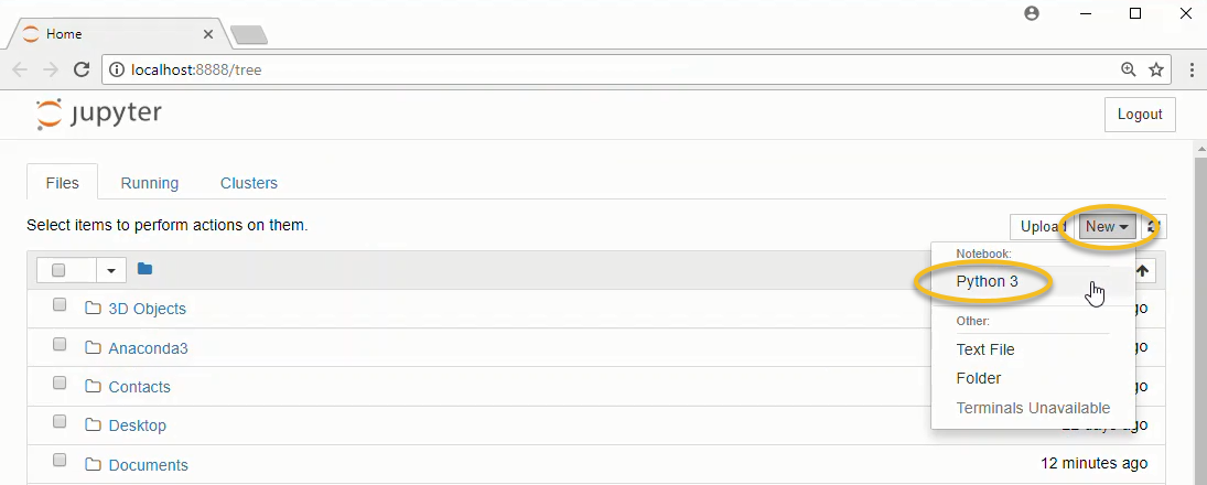 Jupyter notebook file browser. Note a new Python 3 notebook is selected