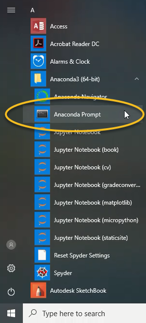 Windows 10 Start Menu showing the Anaconda Prompt application