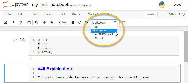 Jupyter notebook cell type drop down menu. Note the Markdown cell type is selected