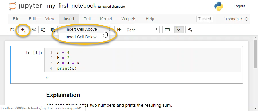 Jupyter notebook New Cell Button and Insert Cell Above option shown