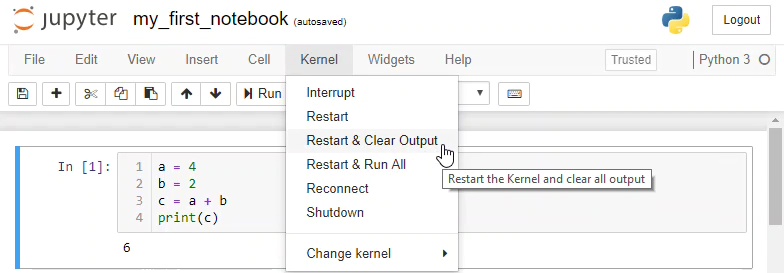 The Jupyter notebook Kernal menu showing Restart and Clear Output selected