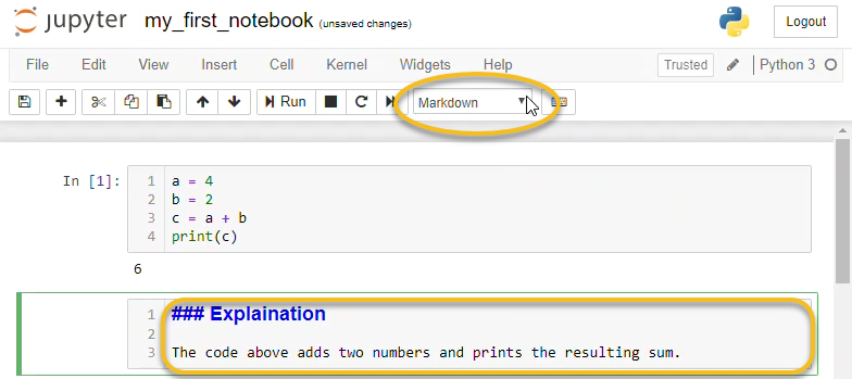 A Jupyter notebook markdown cell. Note Markdown is selected in the cell type menu
