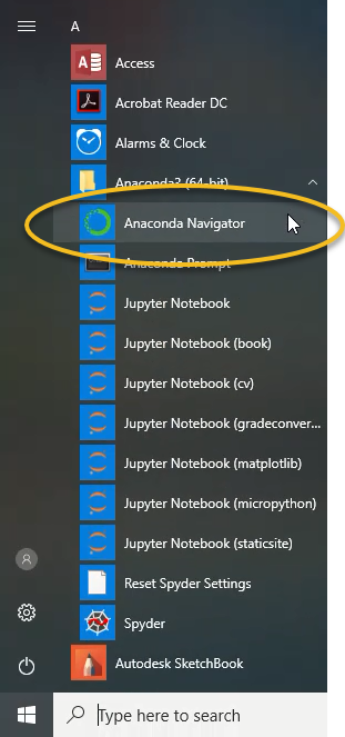 Windows 10 Start Menu showing the Anaconda Navigator application