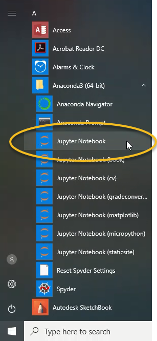 Windows 10 Start Menu showing the Jupyter Notebook application
