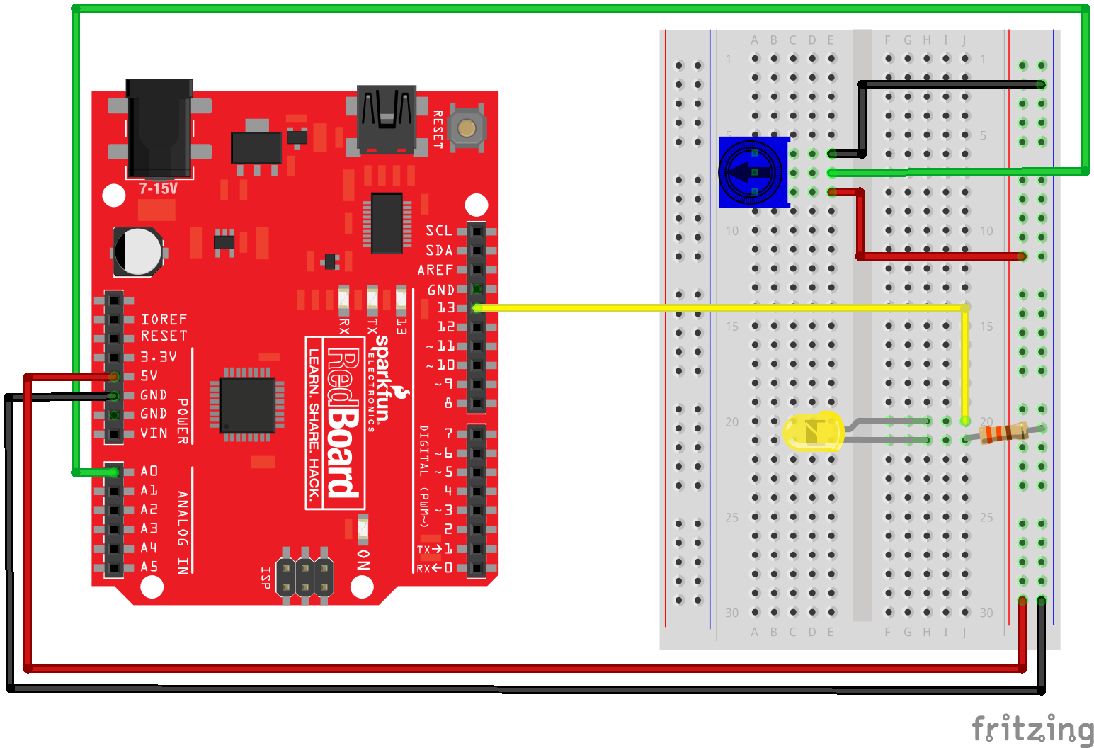 Arduino with potentiometer and LED on a breadboard