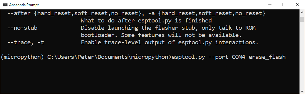 Anaconda Prompt: esptool erase_flash command