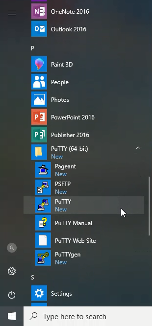 PuTTY in the Windows 10 Start Menu