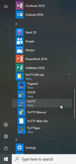 PuTTY in Windows 10 start menu